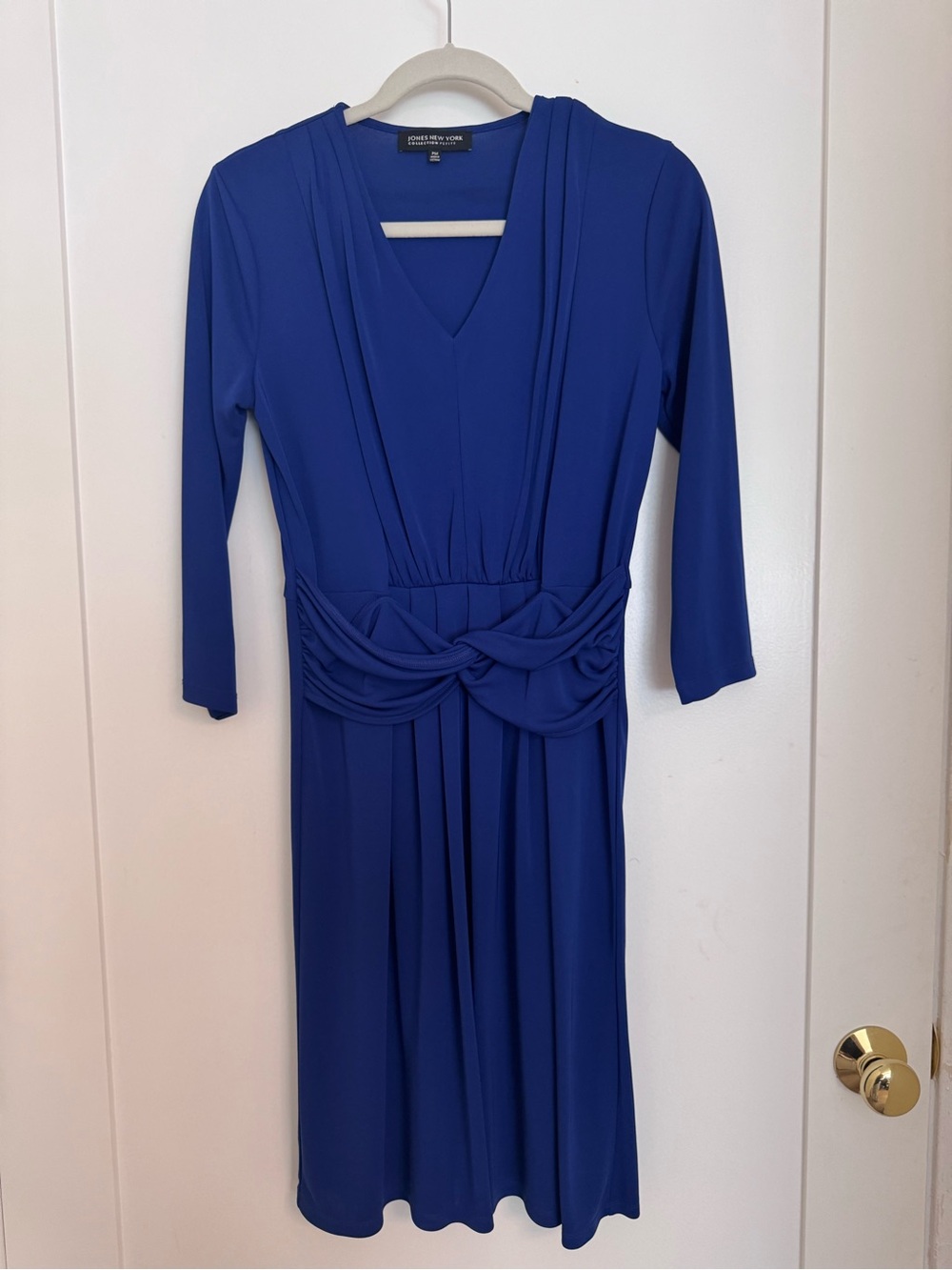 Jones New York Cobalt Blue V-Neck Knot-Waist Long Sleeve Dress